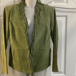 DIALOGUE GREEN FRINGED SUEDE LEATHER WASHABLE JACKET HOOK & EYE CLOSURE SZ MED